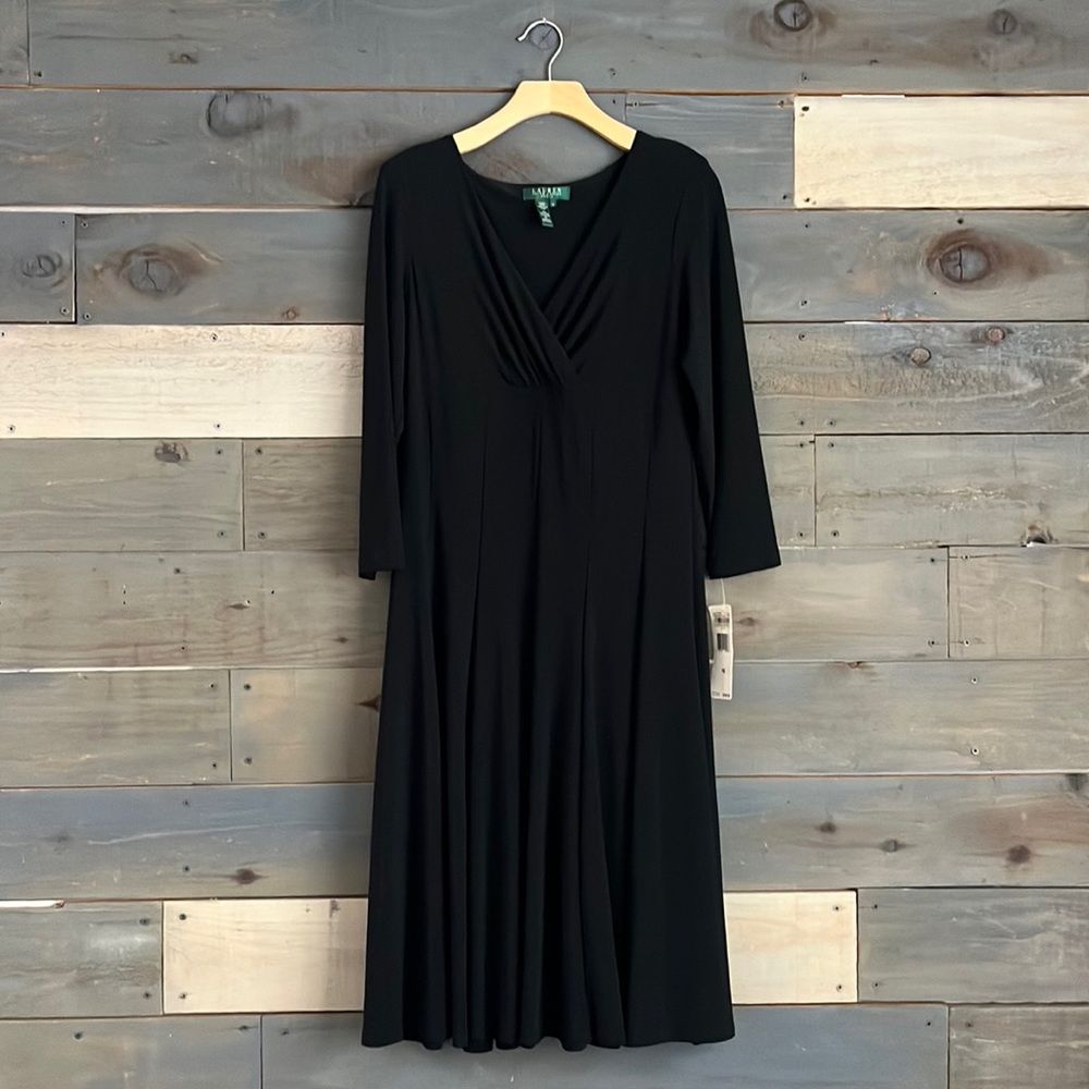 Lauren Ralph Lauren Wrap Long Sleeves A Line Jersey Dress Black NWT